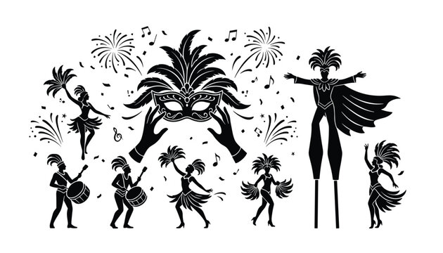 Carnival vector illustration with dancing people, feathered mask, drums, fireworks, and music notes