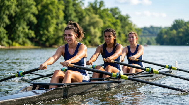 Female Rowing Team Training Together on Scenic Lake in Summer