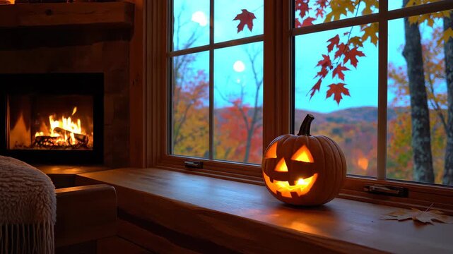 Glowing carved pumpkin lantern on windowsill by burning fireplace in cozy cabin interior. Warm comfortable Halloween holiday decoration for october fall season, Thanksgiving harvest atmosphere