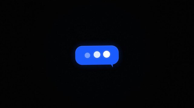Minimalist blue chat bubble with glowing white typing dots on a black background, representing digital communication and anticipation, perfect for mobile interface design and social media marketing.