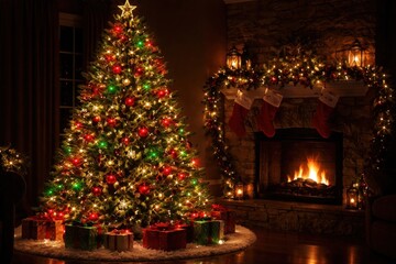 Fototapeta premium Cozy festive Christmas fireplace scene.