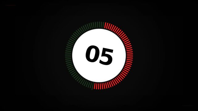 Modern digital countdown timer with a white circular face and red progress ring on a black background, representing the final five seconds for video intros and event promotions.