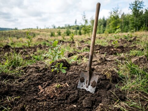 Pine tree sapling and planting spade stuck in dirt at a forestry site