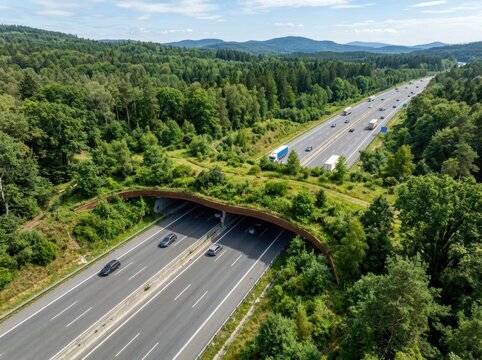 Aerial drone view of a wildlife overpass bridging a busy forested highway
