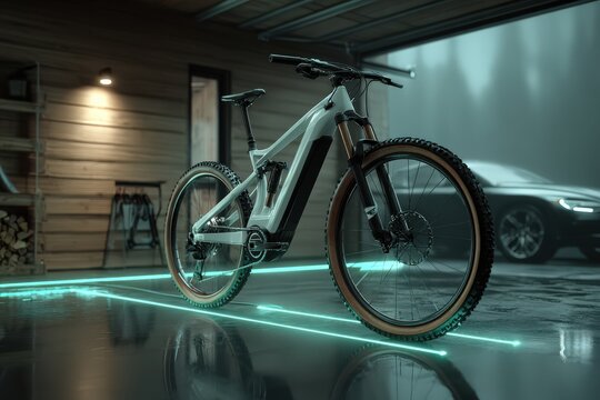 A modern electric bike charging in a sleek wooden minimalist garage, glowing green charging icon.