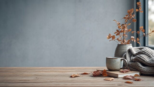 Autumn lifestyle scene featuring a cozy cup of tea, a knitted blanket, and dried leaves on a wooden table with a vase of branches against a gray wall backdrop