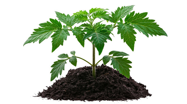 Isolated healthy young tomato plant seedling growing in fertile dark soil, fresh green leaves