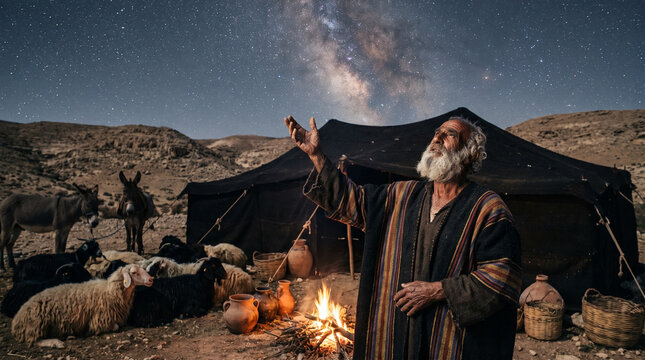 Abraham looks up at the starry sky during the covenant promise, photorealistic depiction of the Old Testament patriarch in the desert night