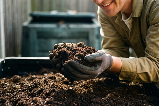 Hands holding a handful of rich finished compost