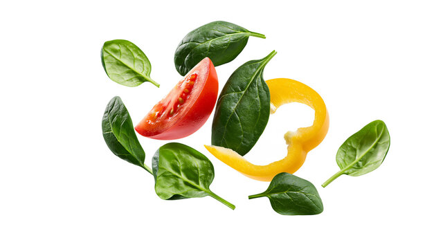 Isolated fresh vibrant spinach leaves, tomato and yellow bell pepper slices falling together