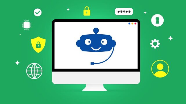 Customer support chatbot on computer screen with security shapes and password protection concept 4k animation