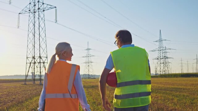 A diverse group of maintenance engineers, two women and two men, stand in a field surrounded by power lines, discussing the electricity supply.