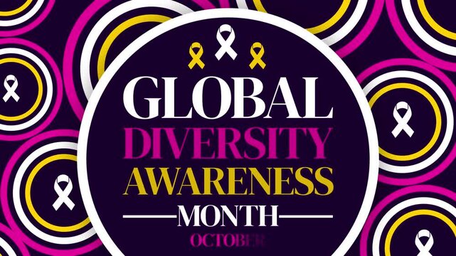 Global diversity awareness month animation with white ribbon, symbols, and circle patterns 4k footage