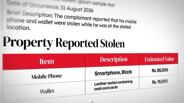 First information report FIR document sample text close up showing details and stolen property concept, 4k animation