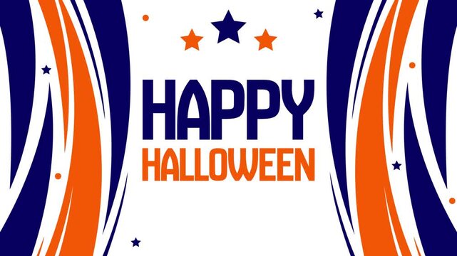 Happy Halloween text with orange and navy blue stars and curved lines background design 4k footage