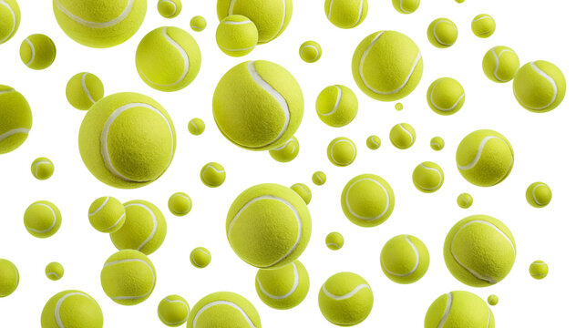 Isolated scattered bright green yellow tennis balls in dynamic composition for active sport game