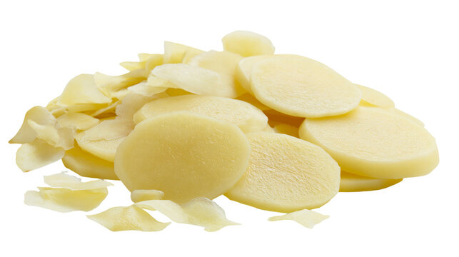 Isolated pile of fresh raw thinly sliced peeled potato ready for cooking or dehydrating