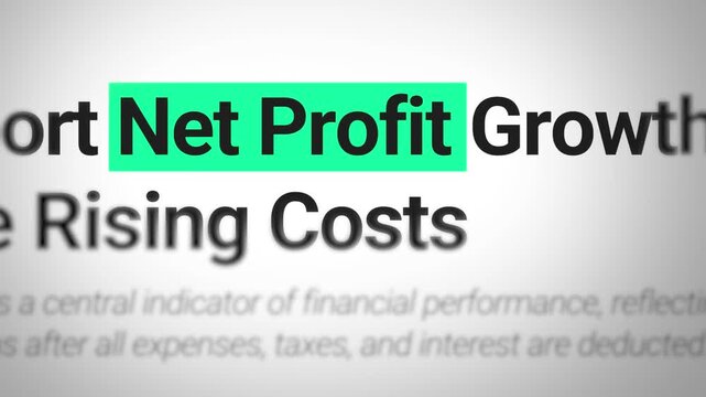 Net profit financial report closeup animation text highlight business concept 4k footage