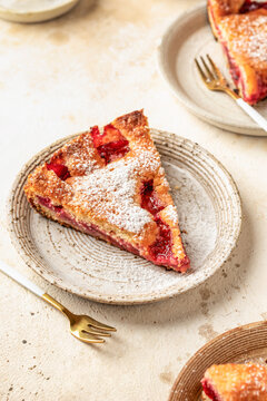 Homemade New York Times plum cake. Slice of autumn pie with powdered sugar in ceramic plate close up. Home cooking, recipe