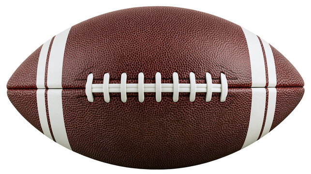 Isolated professional brown leather American football with white stripes and lacing