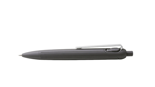 Isolated stylish dark gray ballpoint pen with shiny metal clip and clear text identifier L (2040).