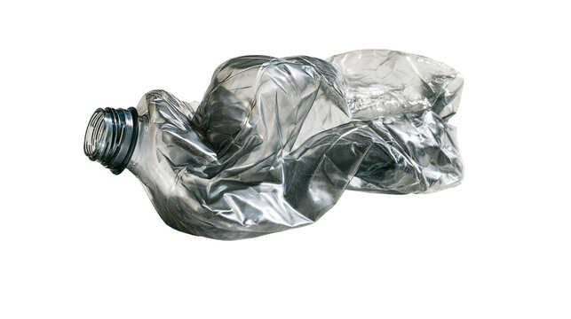 Isolated crumpled plastic water bottle, disposable waste for recycling, global environmental issues