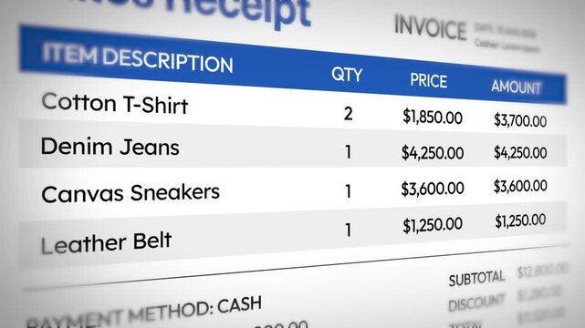 Sales receipt invoice close up 4k footage showing item description, pricing, payment method and total amount, sample data 