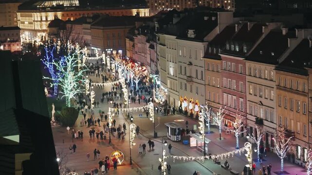 Warsaw Christmas: Aerial View of Krakowskie Przedmiescie at Night