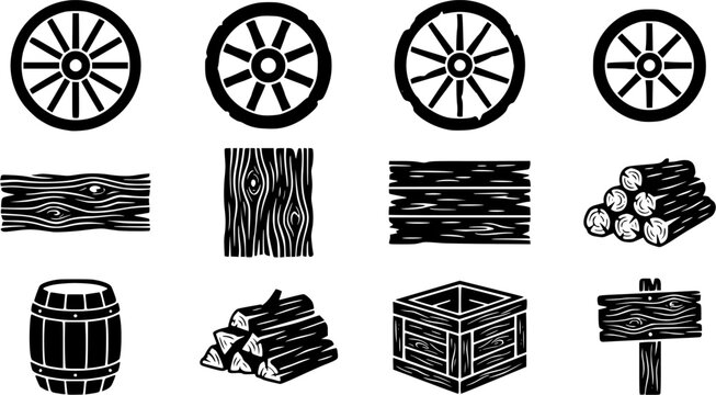 Rustic Wagon Wheel & Wood Grain Silhouette Icon Set. Collection of vintage & decorative silhouettes, including rustic wagon wheel & wood grain, detailed western and rustic shapes, and more.