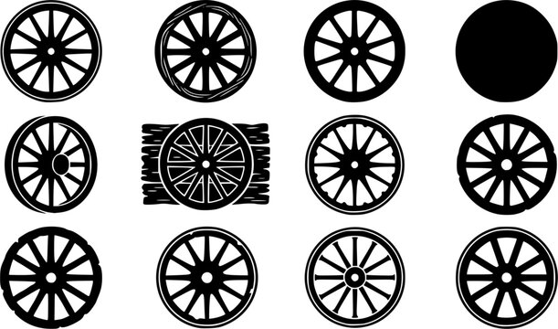 Rustic Wagon Wheel & Wood Grain Silhouette Icon Set. Collection of vintage & decorative silhouettes, including rustic wagon wheel & wood grain, detailed western and rustic shapes, and more.