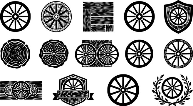 Rustic Wagon Wheel & Wood Grain Silhouette Icon Set. Collection of vintage & decorative silhouettes, including rustic wagon wheel & wood grain, detailed western and rustic shapes, and more.