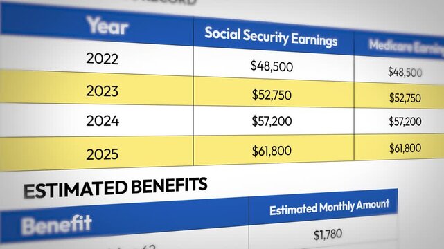 Social Security statement 4k footage showing earnings record and estimated benefits sample data for retirement age, backdrop