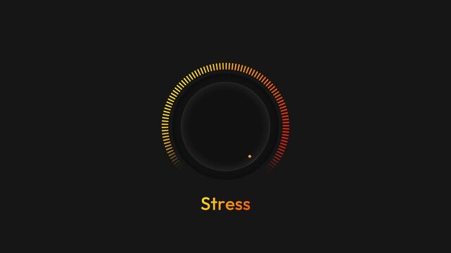 Stress level indicator rotating knob control with colored progress bar on dark background 4k animation digital concept