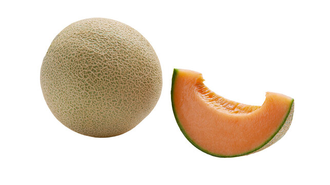 Isolated fresh whole cantaloupe melon and juicy slice with vibrant orange flesh