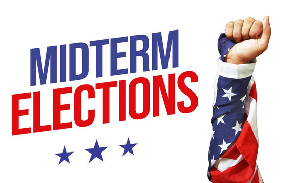 Raised fist wrapped in American flag next to midterm elections text on transparent background