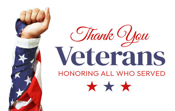 Raised fist wrapped in American flag next to veterans day typography on the side in red and blue design
