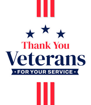 Thank you veterans for your service typography with red, white, and blue military medal stripes design on transparent backdrop