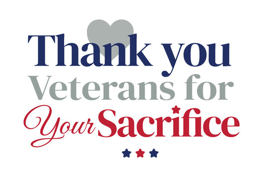 Thank you veterans for your service text with heart and stars graphic on  transparent isolated background