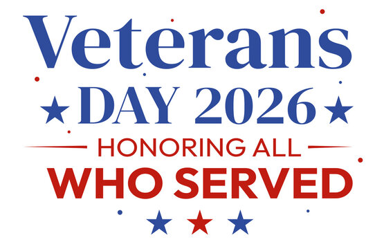Veterans day 2026 text design with red blue stars stripes isolated on transparent png backdrop