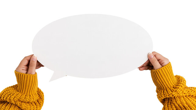 Isolated hands in cozy yellow knitted sweater presenting empty white speech bubble sign.