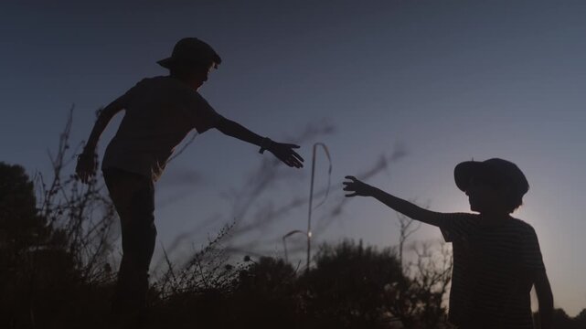 Silhouette of a helping hand as one boy helps another climb up a hill at sunset, symbolizing friendship, support, and teamwork in a beautiful natural landscape