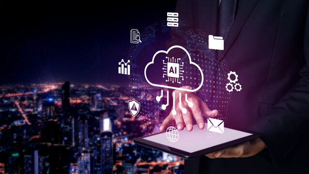 A businessman interacts with a tablet showcasing cloud technology and AI icons, set against a vibrant city skyline at night, symbolizing modern digital innovation and connectivity. Cyphers