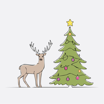 flat vector drawing of a Christmas tree and deer