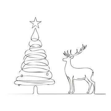 Continuous thin black line drawing of a Christmas tree and deer