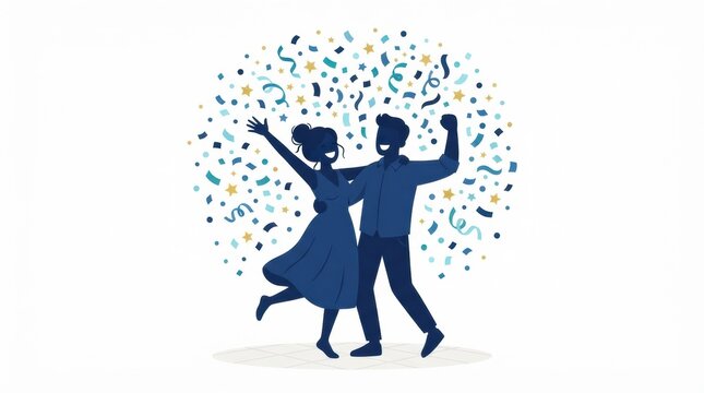 People enjoy a gender reveal party with blue balloons and confetti, dancing and celebrating the upcoming addition to their family.