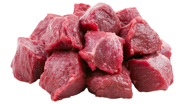 Isolated raw beef cubes ready for cooking, fresh red meat chunks on a plain background.