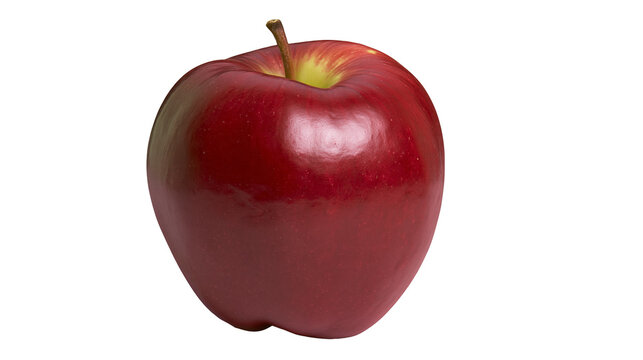 Isolated perfect vibrant red apple fruit with natural brown stem showing healthy fresh delicious food