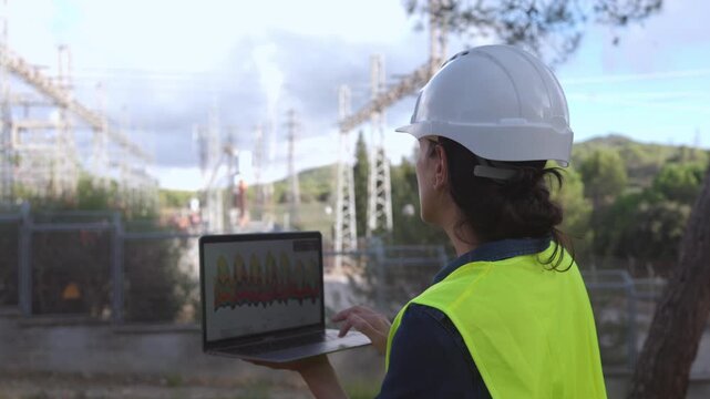 Electrical engineer using a laptop computer for monitoring an energy substation, inspecting high voltage power lines and grid infrastructure for maintenance and safety
