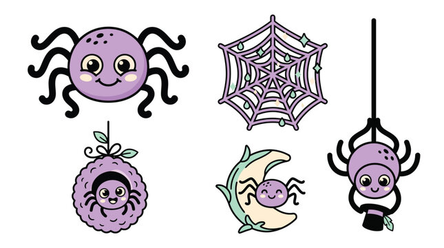 Cute cartoon purple spider characters with cobwebs for fun halloween stickers or festive seasonal design projects