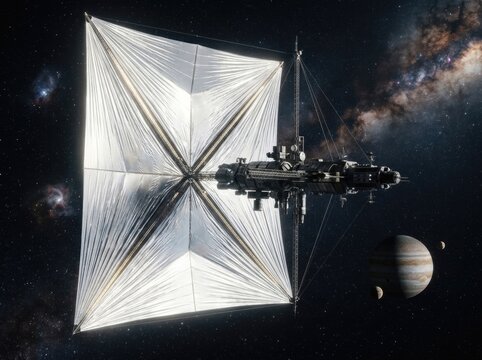 Interplanetary transport ship with large solar sail passing gas giants in deep space